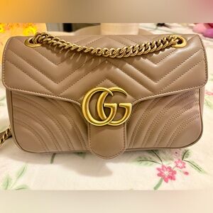 Gucci Taupe Leather Shoulder Bag with Gold Chain